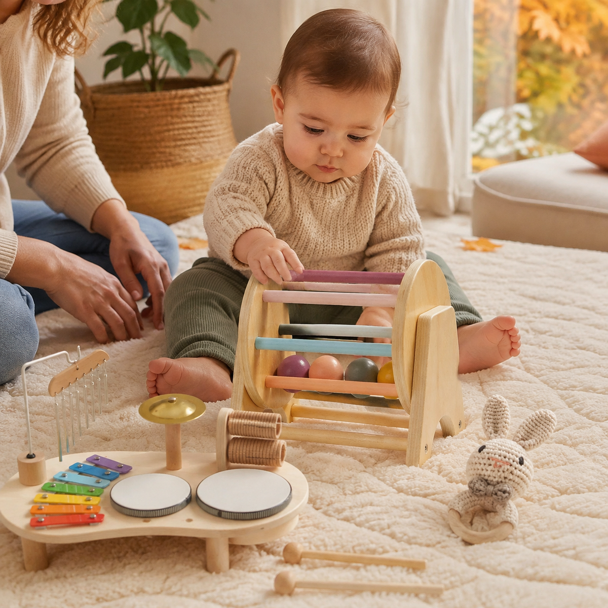 Activités d’éveil avec bébé en automne et jouets en bois