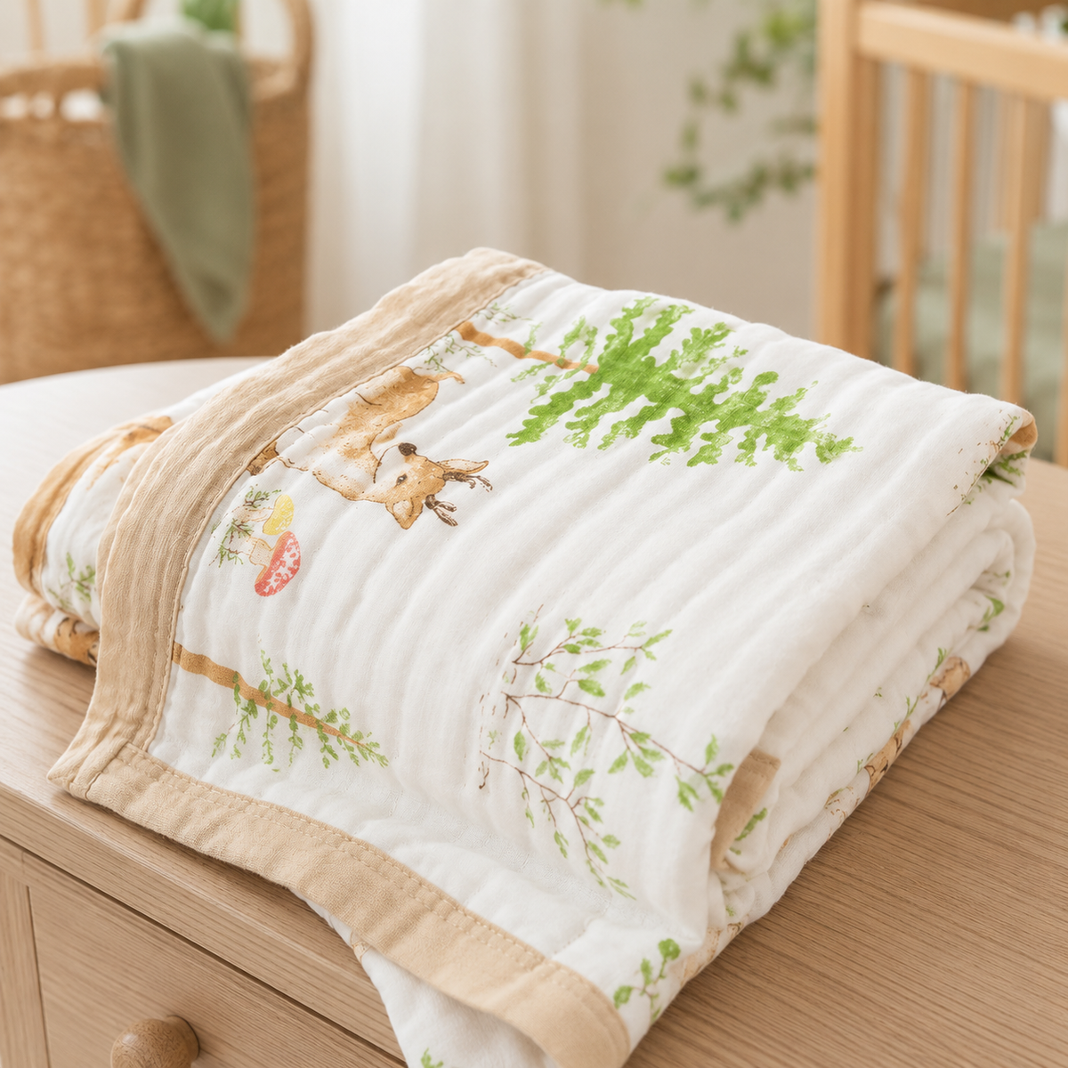 Couverture bébé en gaze de coton motif faons dans une chambre bébé