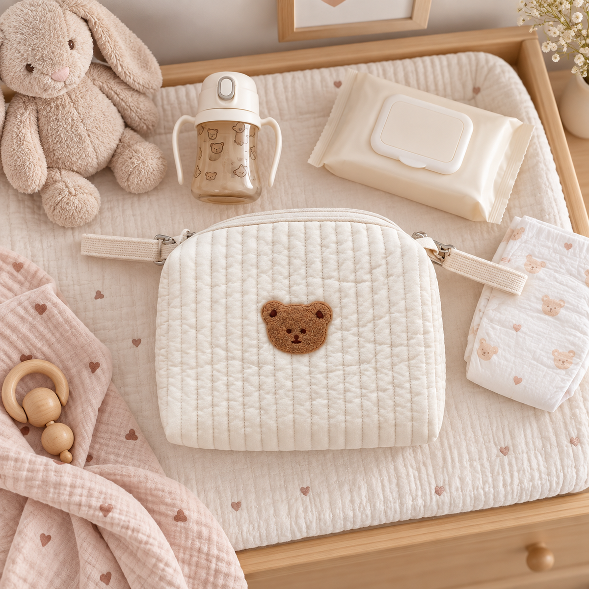 Petit sac à langer ourson crème sur une table à langer dans une chambre bébé