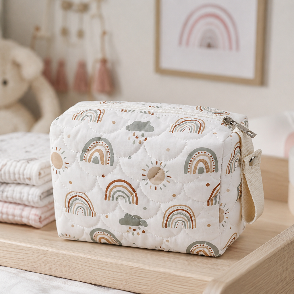 Pochette imperméable bébé motif arc-en-ciel dans une chambre bébé