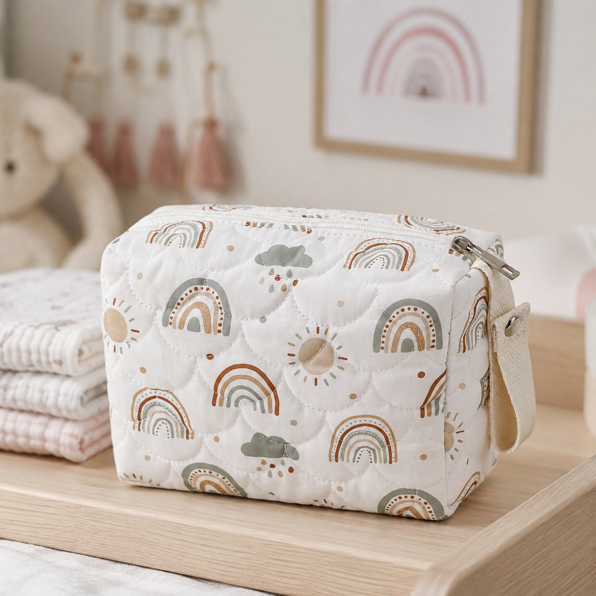 Pochette imperméable bébé motif arc-en-ciel dans une chambre bébé