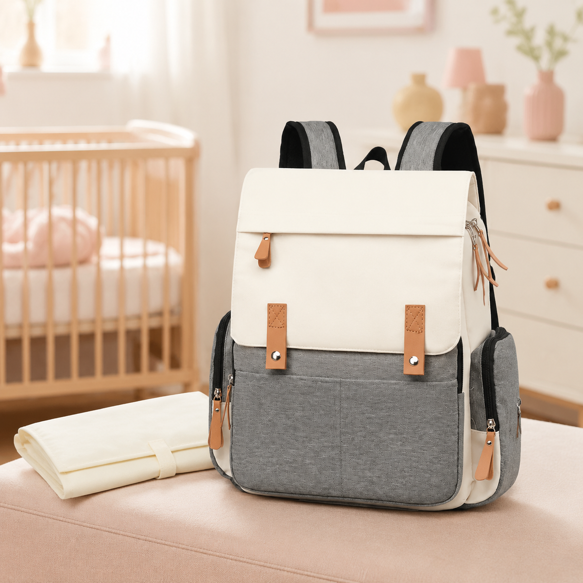 Sac à langer à dos beige et gris avec tapis dans une chambre de bébé