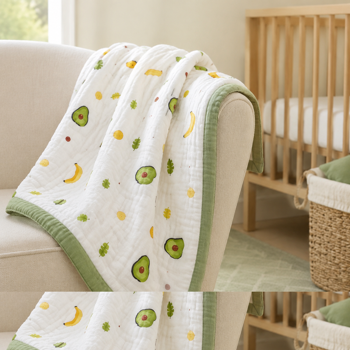 Couverture bébé en gaze de coton motif avocats sur un fauteuil de chambre bébé