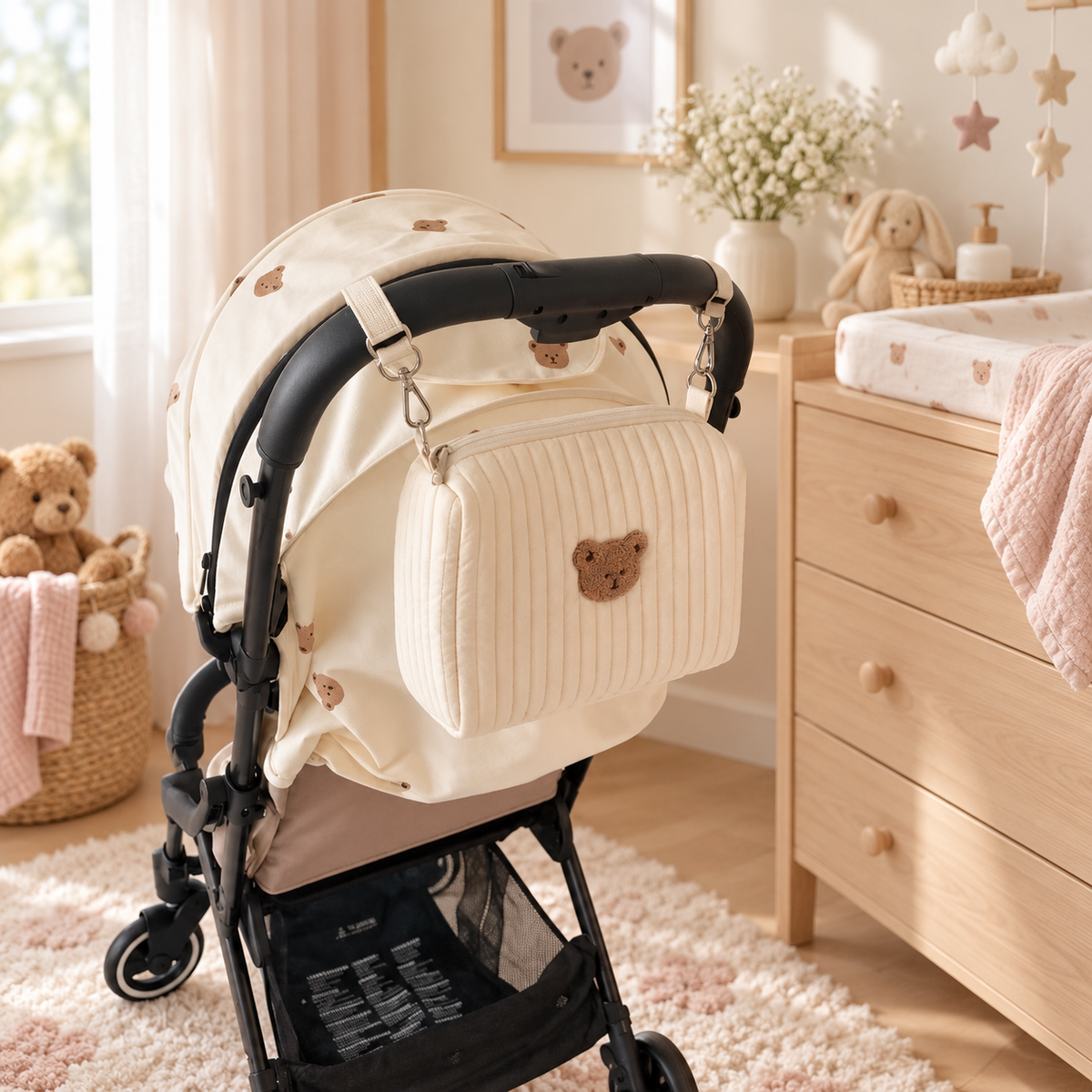 Petit sac à langer ourson fixé à une poussette dans une chambre bébé