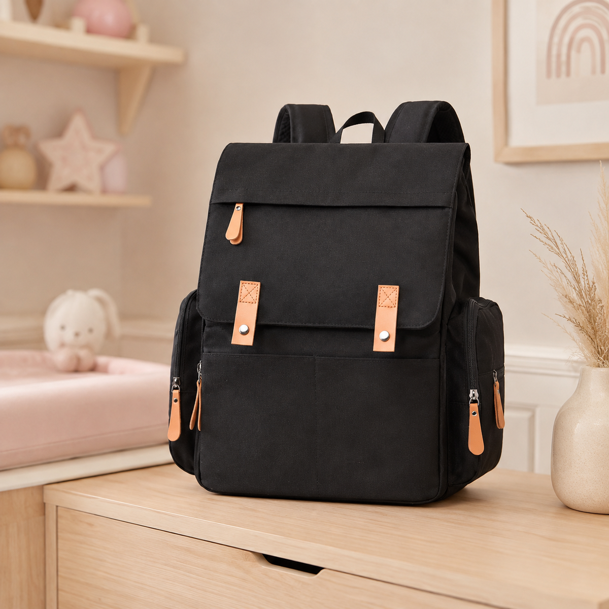 Sac à langer à dos noir sur une commode de chambre de bébé