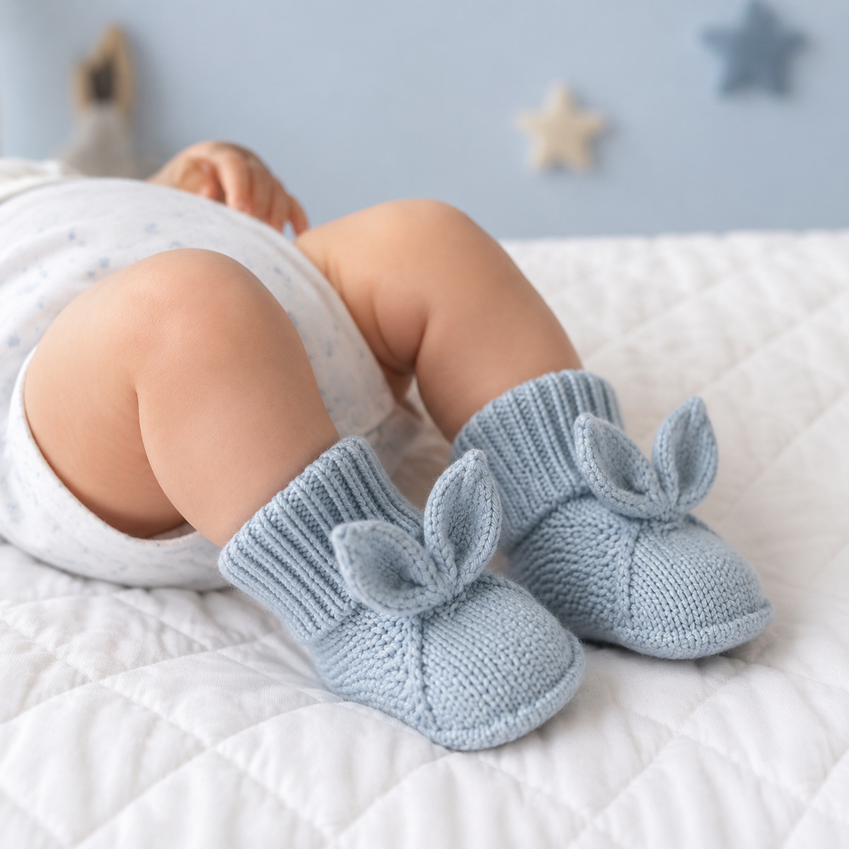 Bébé portant des chaussons lapin bleu ciel en maille