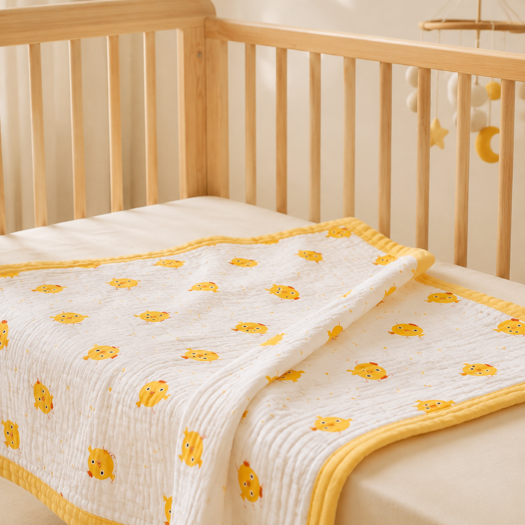 Couverture bébé en gaze de coton motif poussins dans un lit bébé