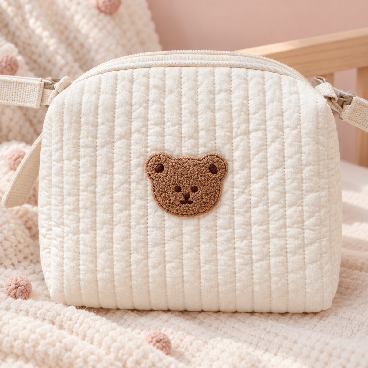 Détail du tissu matelassé et de l’écusson ourson du petit sac à langer