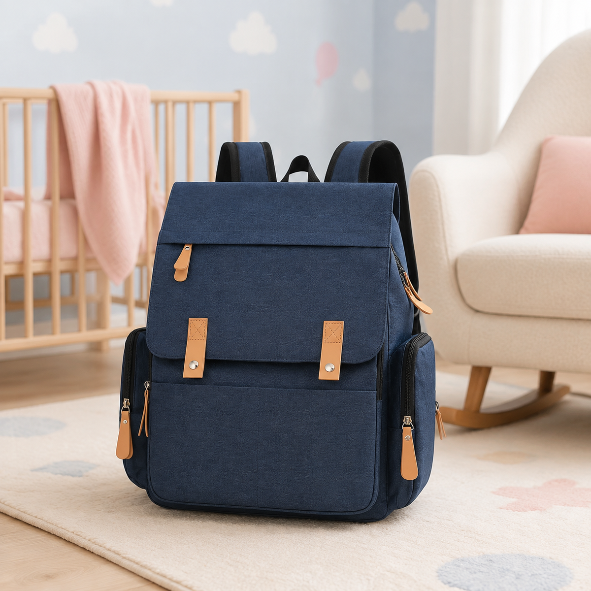Sac à langer à dos bleu marine dans une chambre de bébé