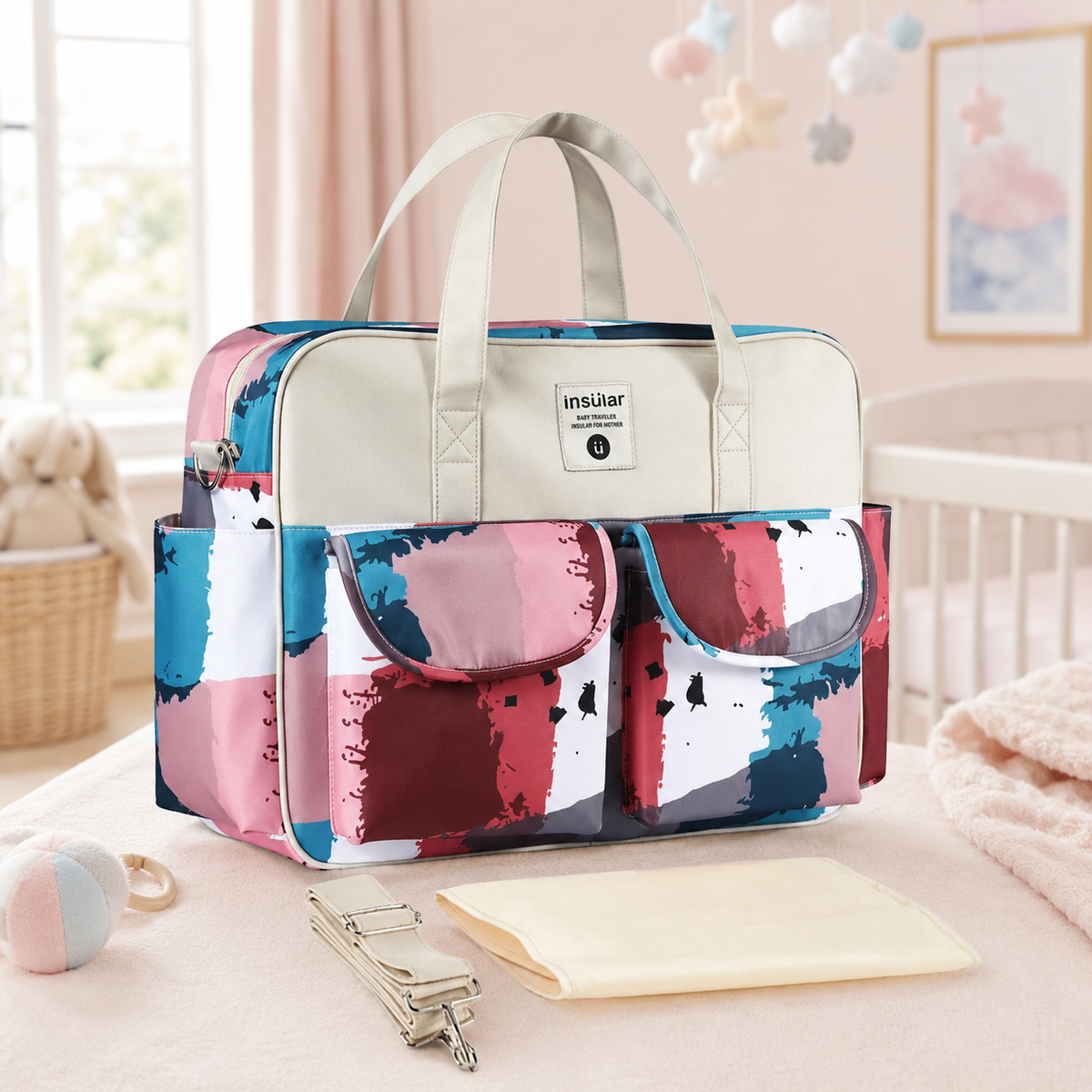 Sac à langer 39 cm motif Aquarelle urbaine mis en scène dans une chambre de bébé