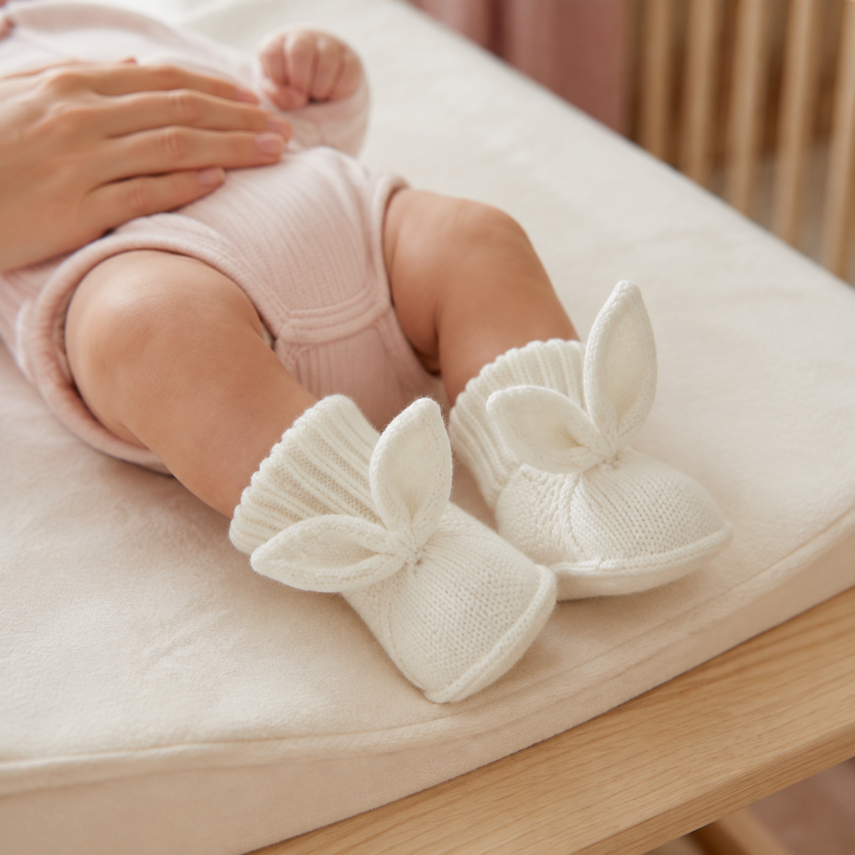 Chaussons lapin ivoire portés par un bébé sur la table à langer