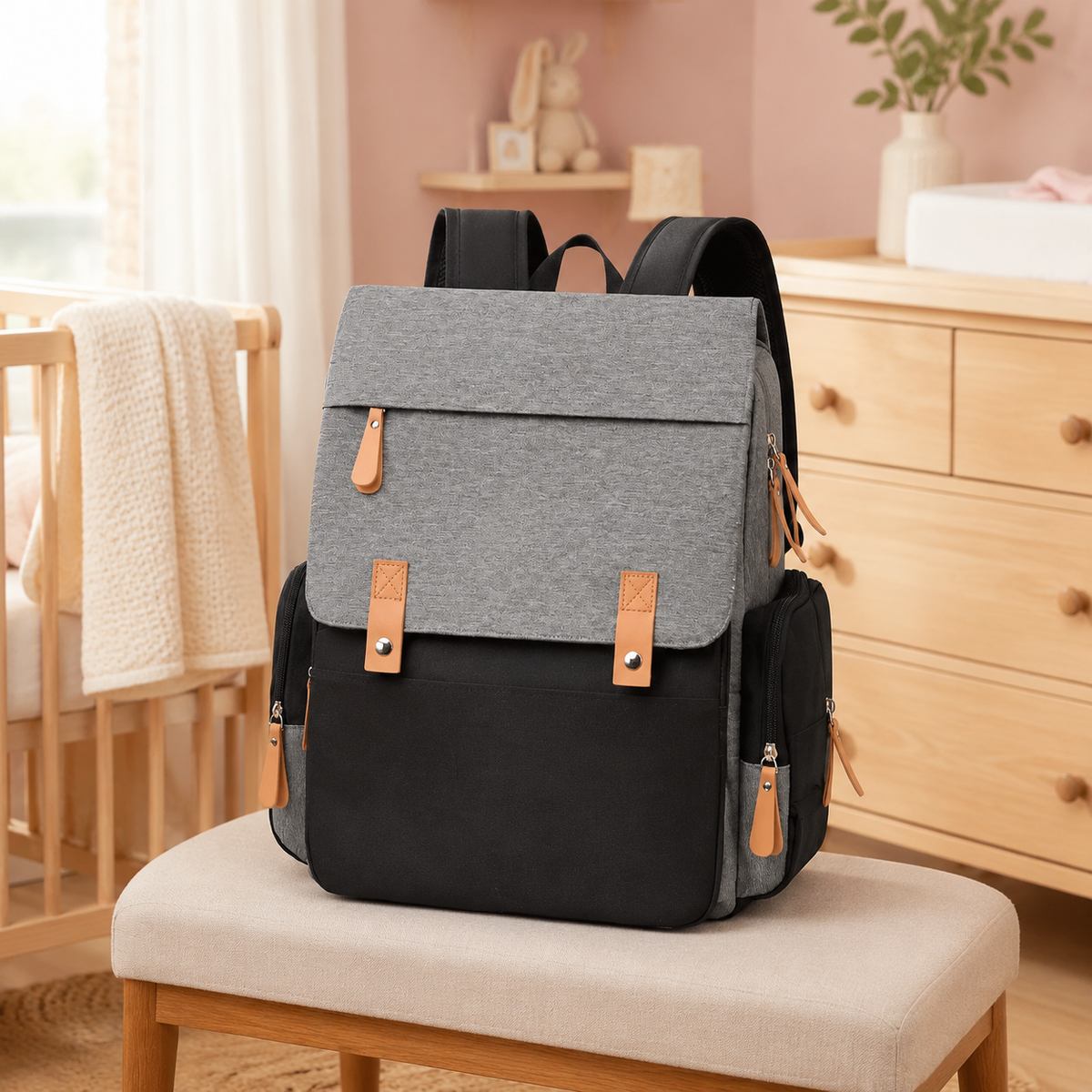 Sac à langer à dos gris et noir dans une chambre de bébé