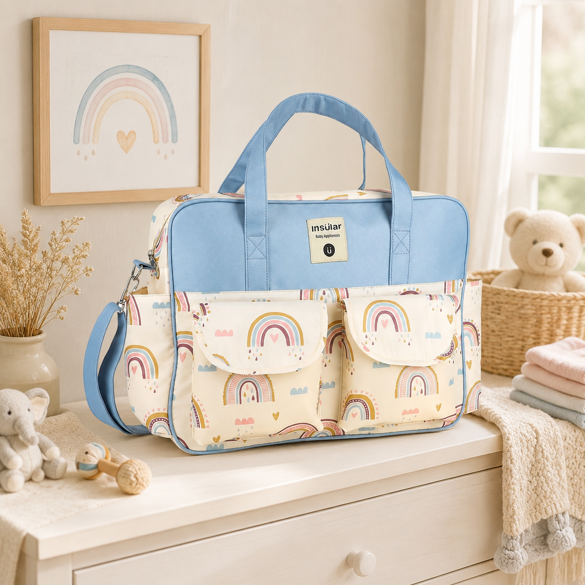 Sac à langer Oxford motif arc-en-ciel dans une chambre de bébé lumineuse