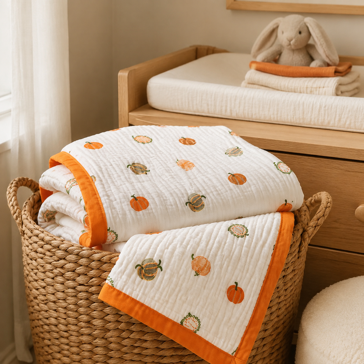 Couverture bébé en gaze de coton motif citrouilles dans un panier de chambre bébé