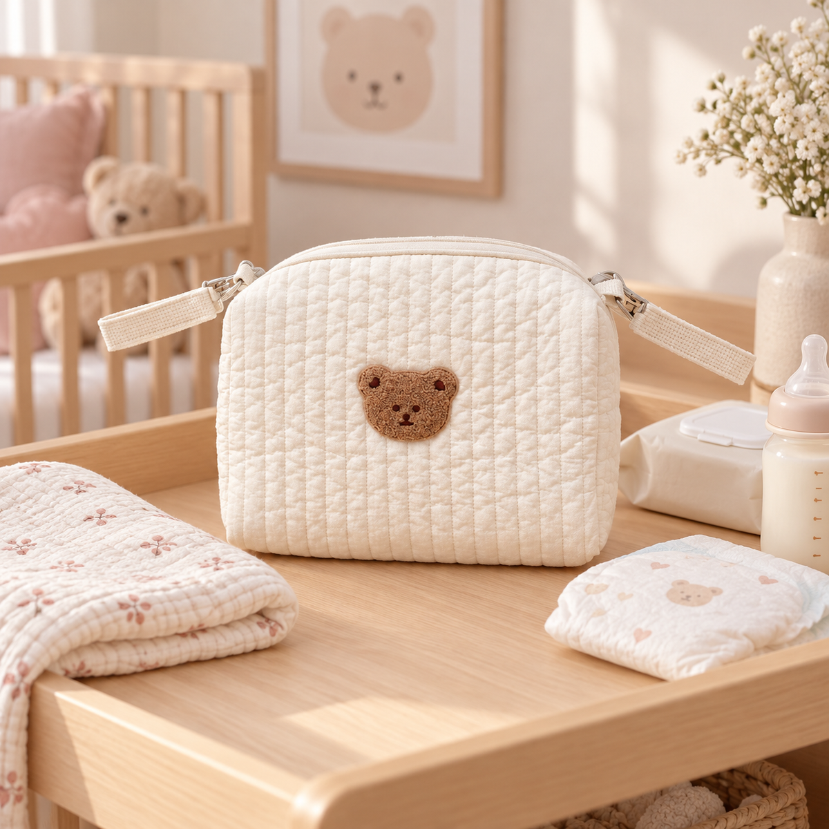 Petit sac à langer ourson avec les essentiels de bébé sur une table à langer