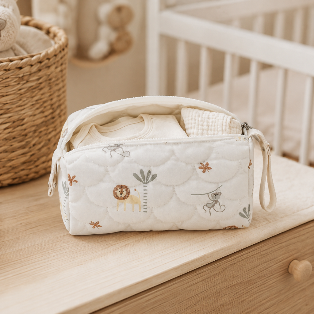 Pochette imperméable bébé motif animaux avec vêtement et lange