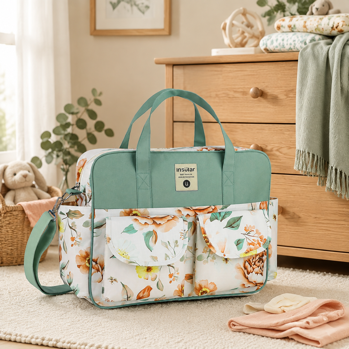 Sac à langer Oxford motif jardin sauge près d’une commode de bébé
