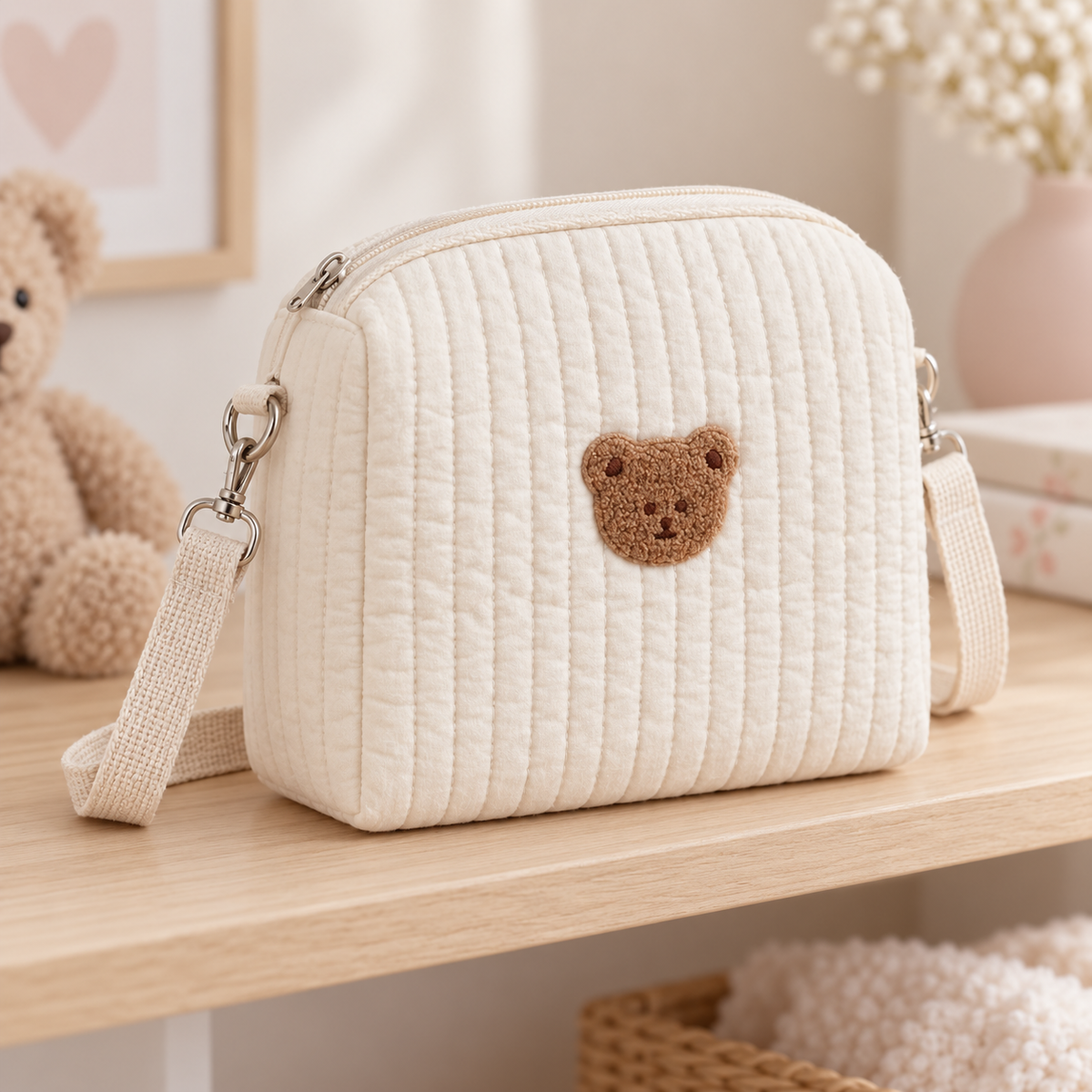 Vue de profil du petit sac à langer ourson en tissu matelassé crème