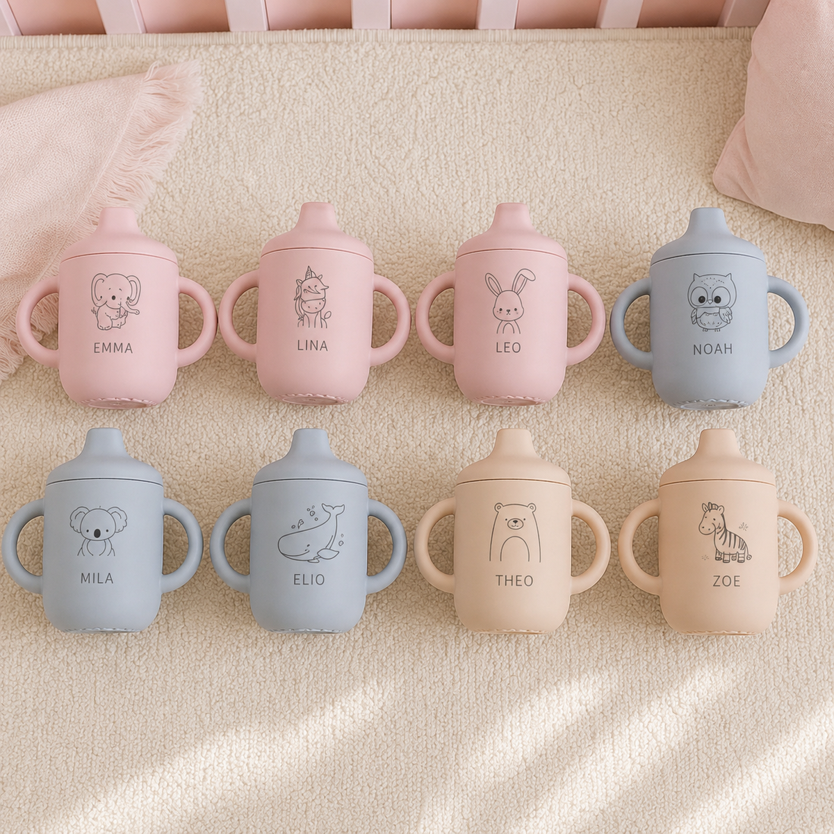 Sélection de tasses d’apprentissage bébé personnalisées à motifs animaux