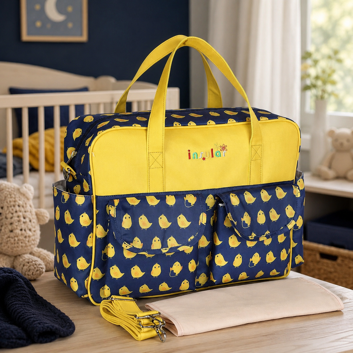 Sac à langer 39 cm motif Poules joyeuses mis en scène dans une chambre de bébé
