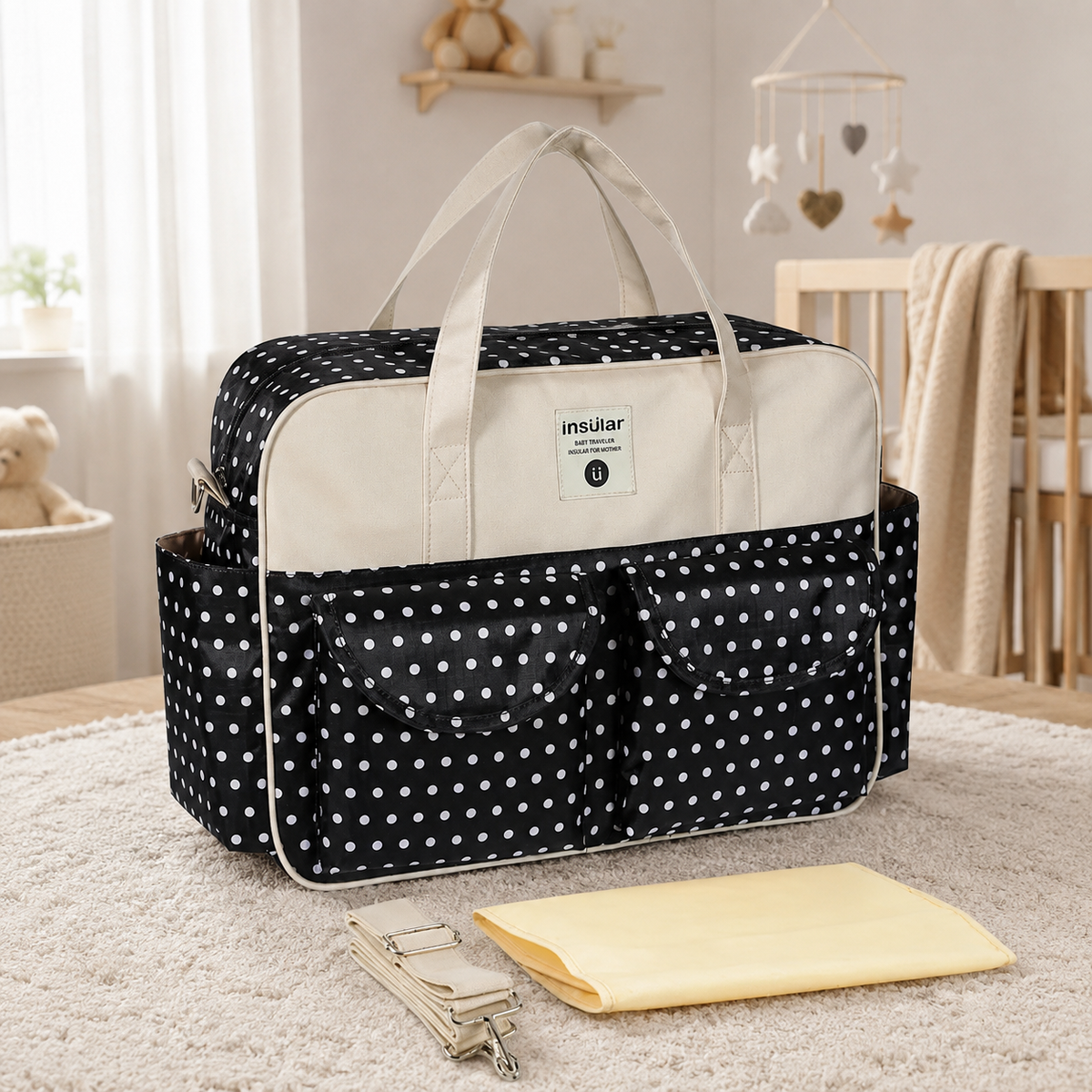 Sac à langer 39 cm motif Pois noirs mis en scène dans une chambre de bébé
