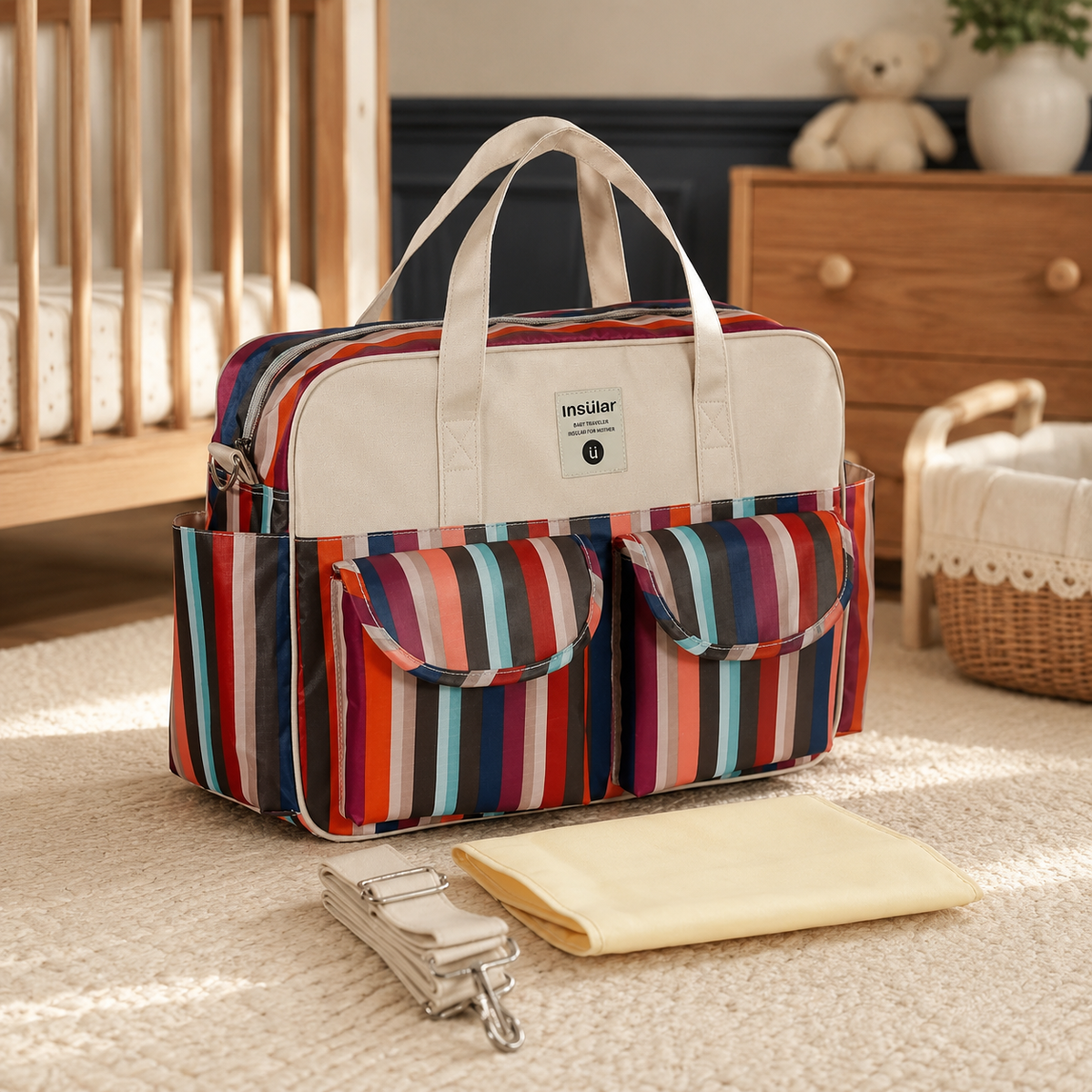 Sac à langer 39 cm motif Rayures multicolores mis en scène dans une chambre de bébé