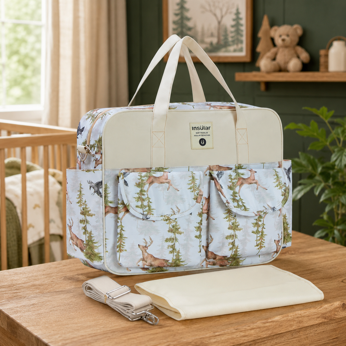 Sac à langer 39 cm motif Cerfs de la forêt mis en scène dans une chambre de bébé
