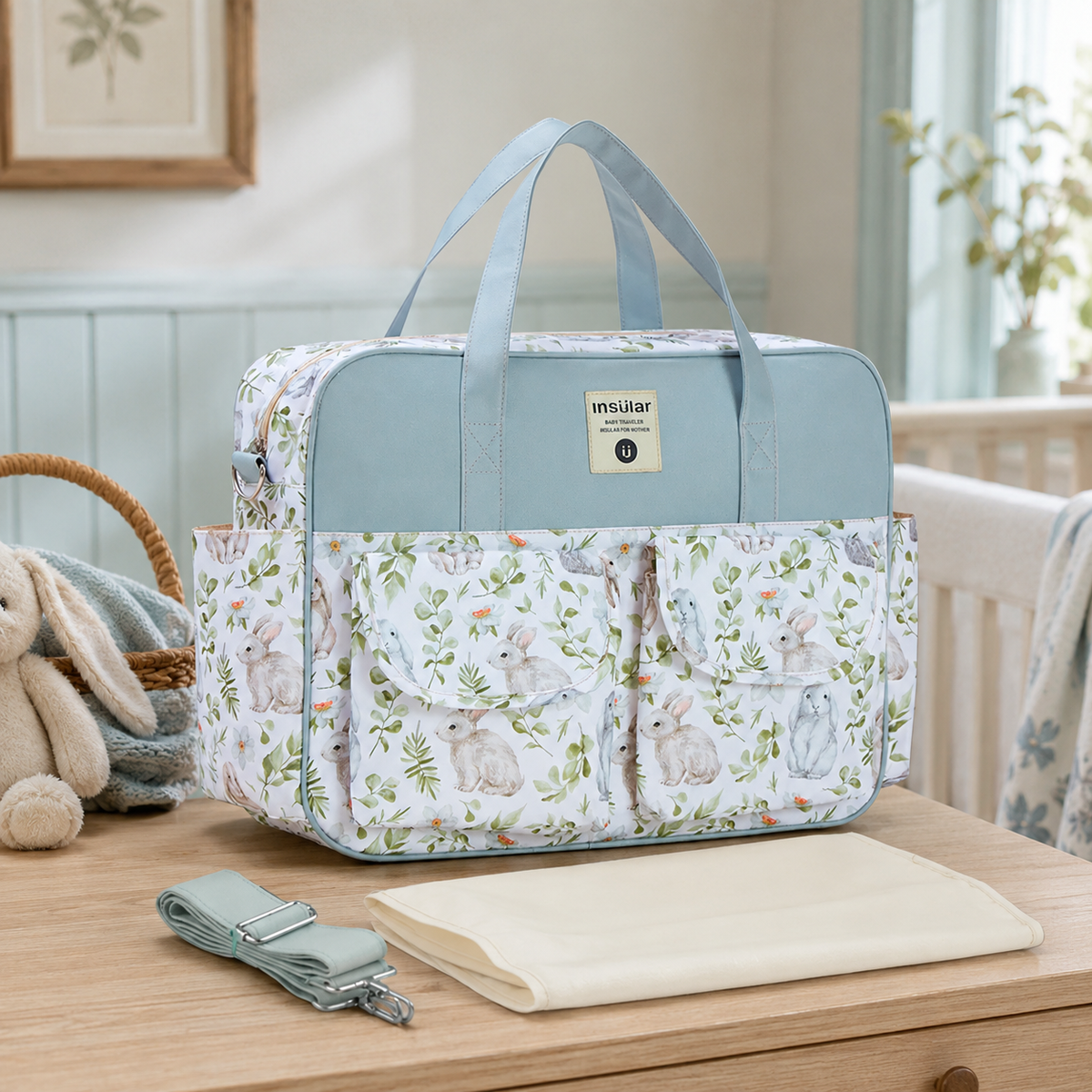 Sac à langer 39 cm motif Lapins champêtres mis en scène dans une chambre de bébé