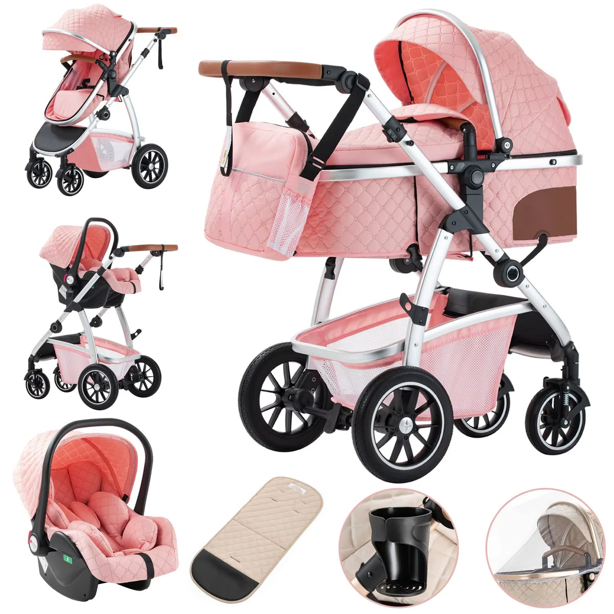 Poussette Bébé 3-en-1 Modulable avec Nacelle et Siège-Auto