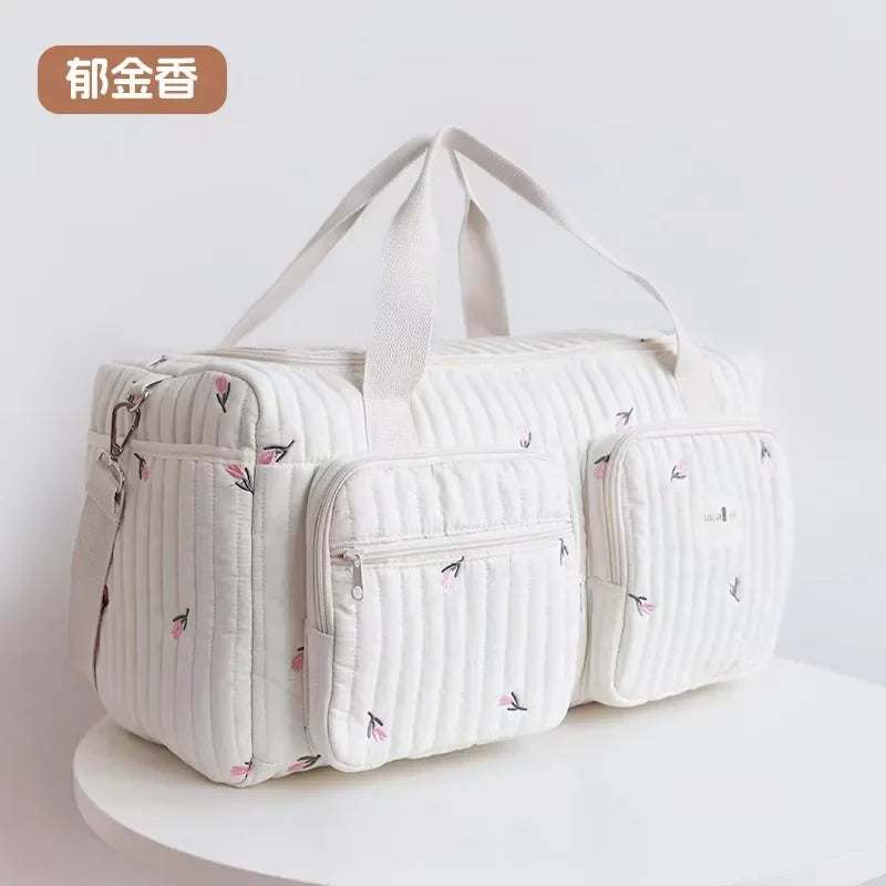 Sac à langer grand format écru à petites fleurs roses