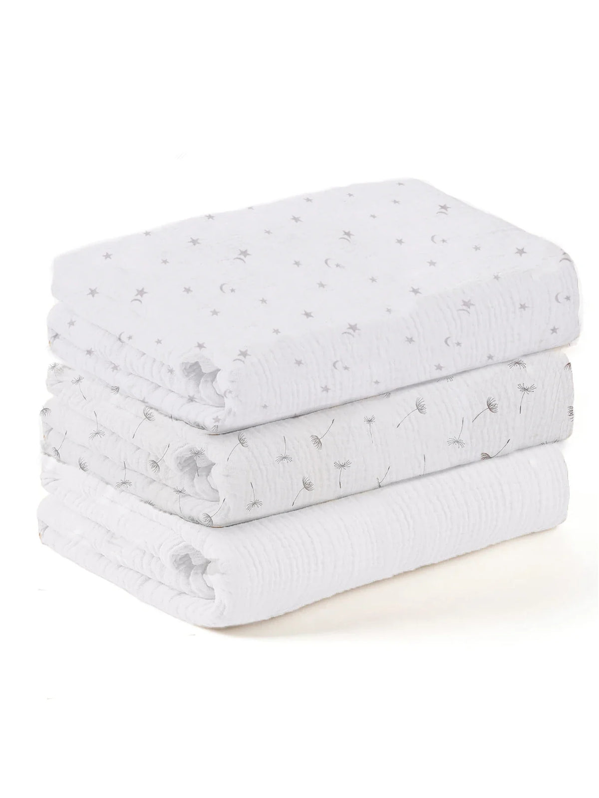 Lot de trois langes bébé blancs avec petits motifs gris