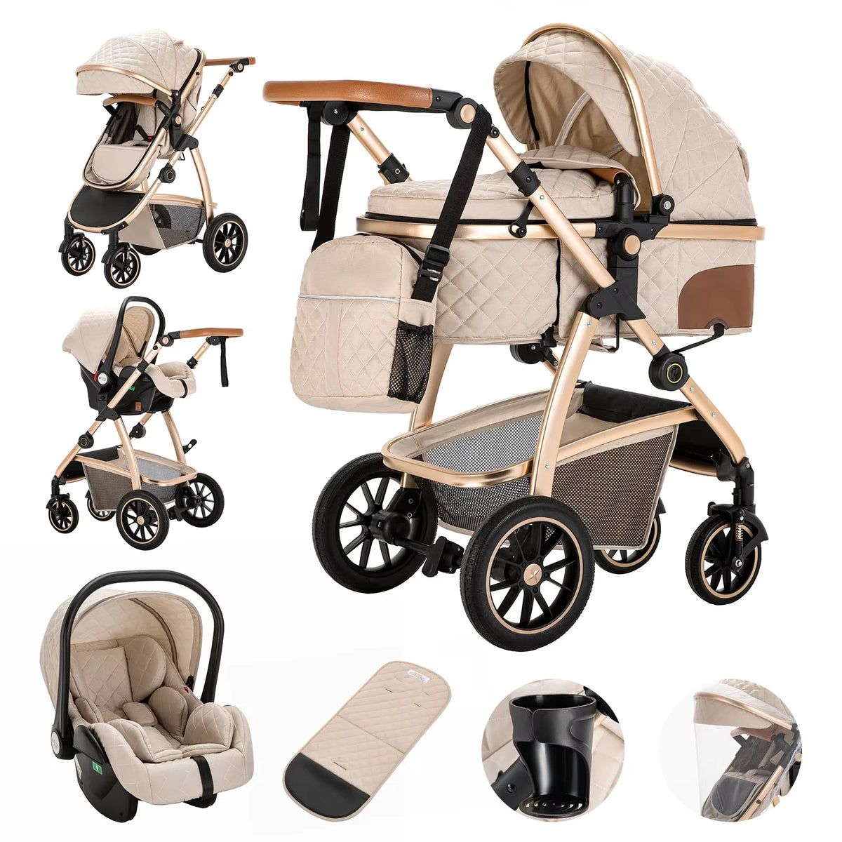 Poussette Bébé 3-en-1 Modulable avec Nacelle et Siège-Auto