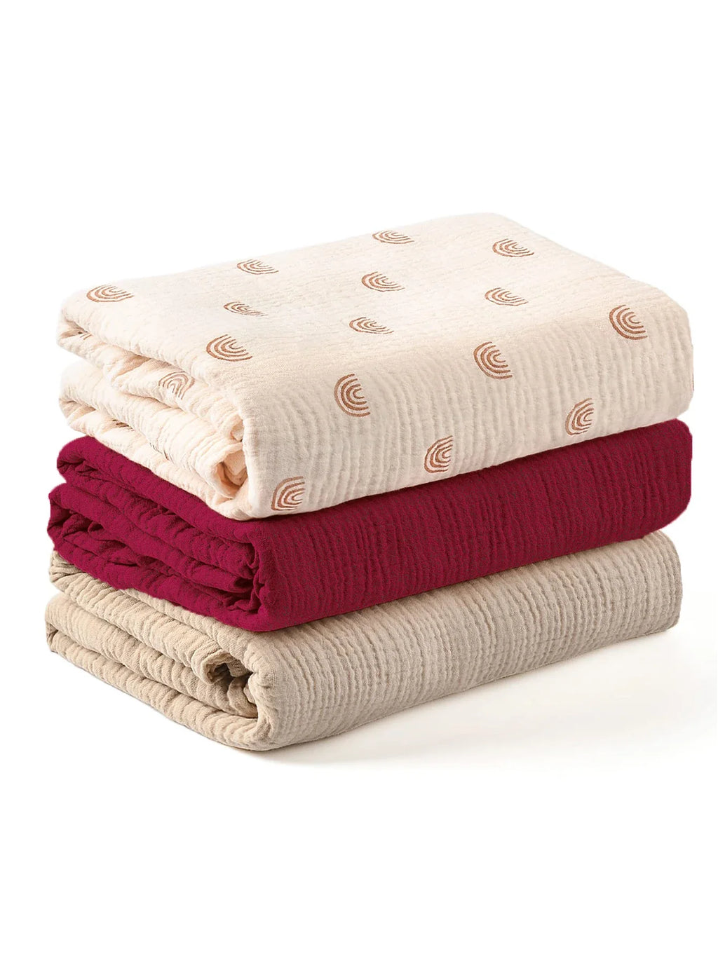 Lot de trois langes bébé bordeaux et beige avec motif arc-en-ciel