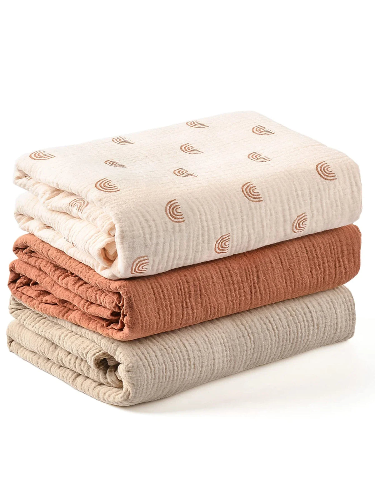 Lot de trois langes bébé terracotta et beige avec motif arc-en-ciel