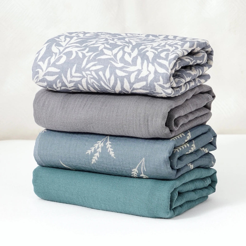 Lot de 4 langes bébé en mousseline de coton bleu et vert sauge