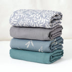 Lot de 4 langes bébé en mousseline de coton bleu et vert sauge