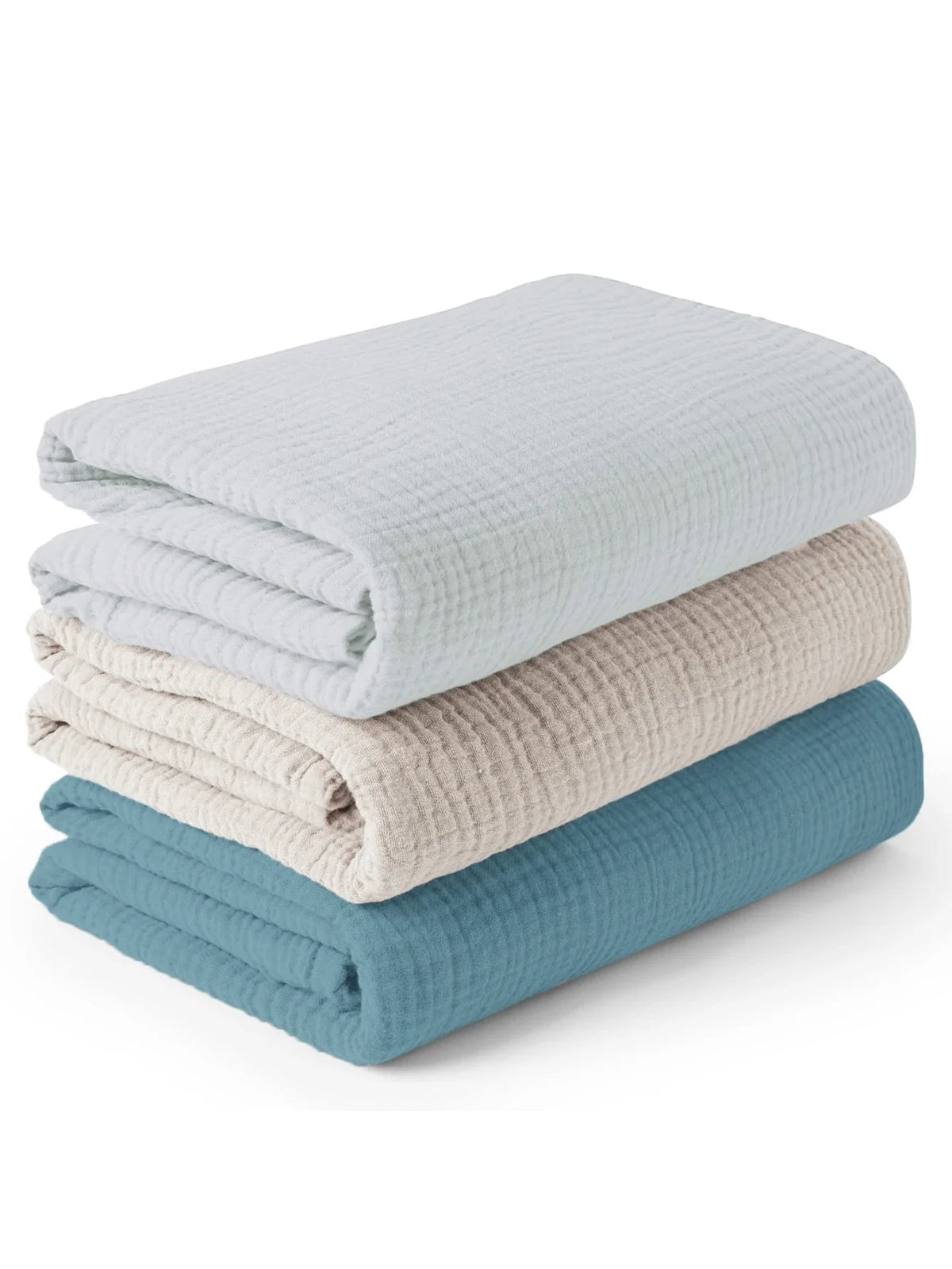 Lot de trois langes bébé bleu grisé beige et bleu profond