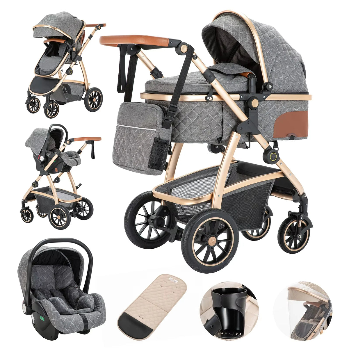 Poussette Bébé 3-en-1 Modulable avec Nacelle et Siège-Auto