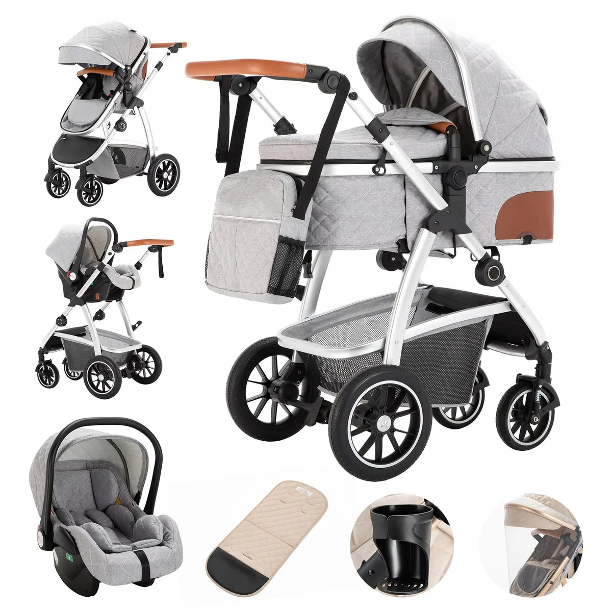 Poussette Bébé 3-en-1 Modulable avec Nacelle et Siège-Auto