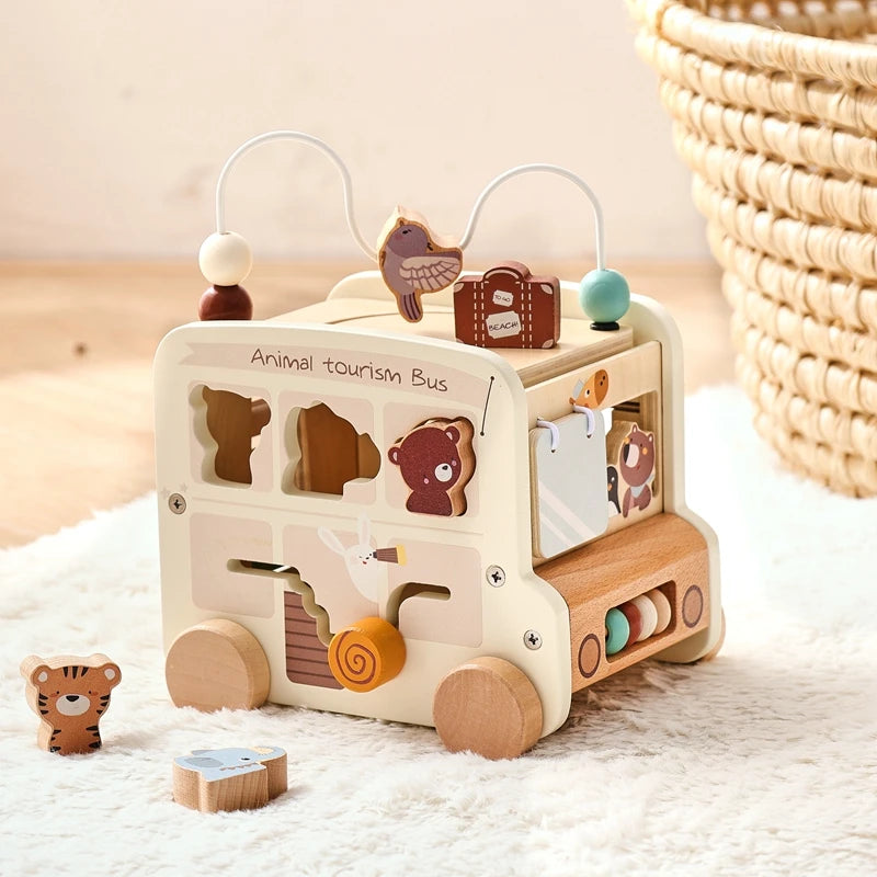 Jouet Montessori 1 an Petit Bus et Animaux - Rouge