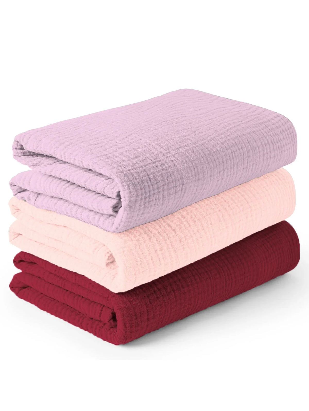 Lot de trois langes bébé lilas rose poudré et prune