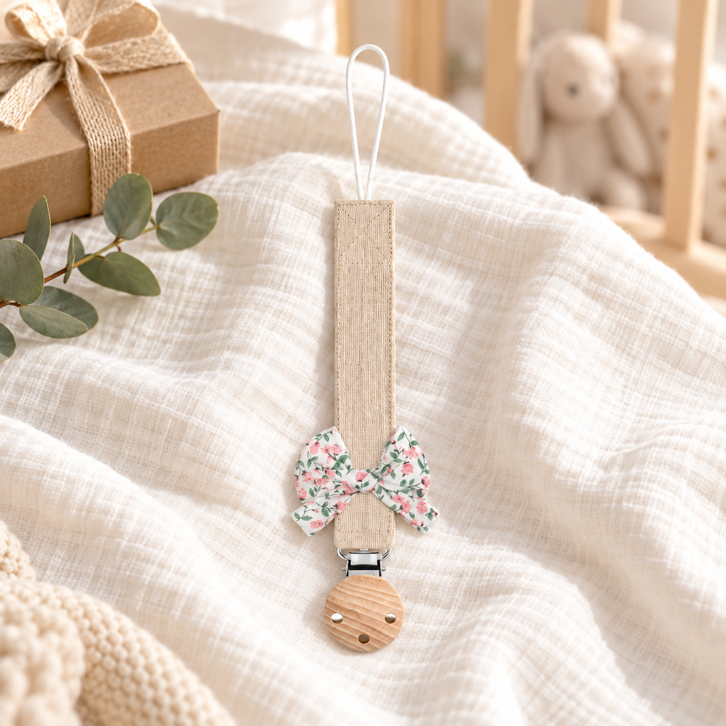 Attache-tétine en tissu beige sable avec nœud fleuri et pince en bois