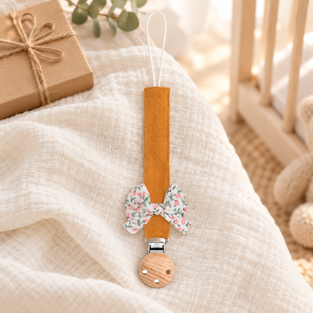 Attache-tétine en tissu ocre avec nœud fleuri et pince en bois