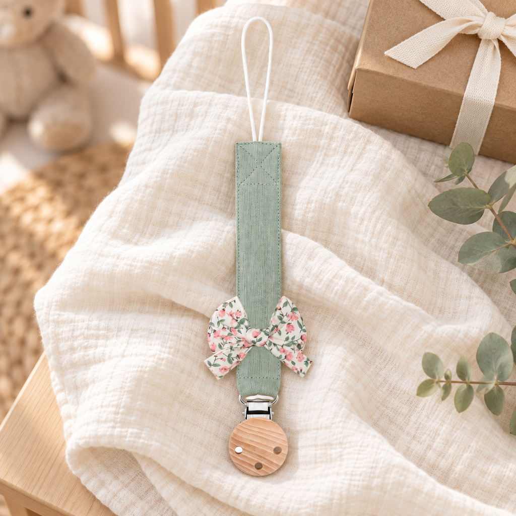 Attache-tétine en tissu vert sauge avec nœud fleuri et pince en bois