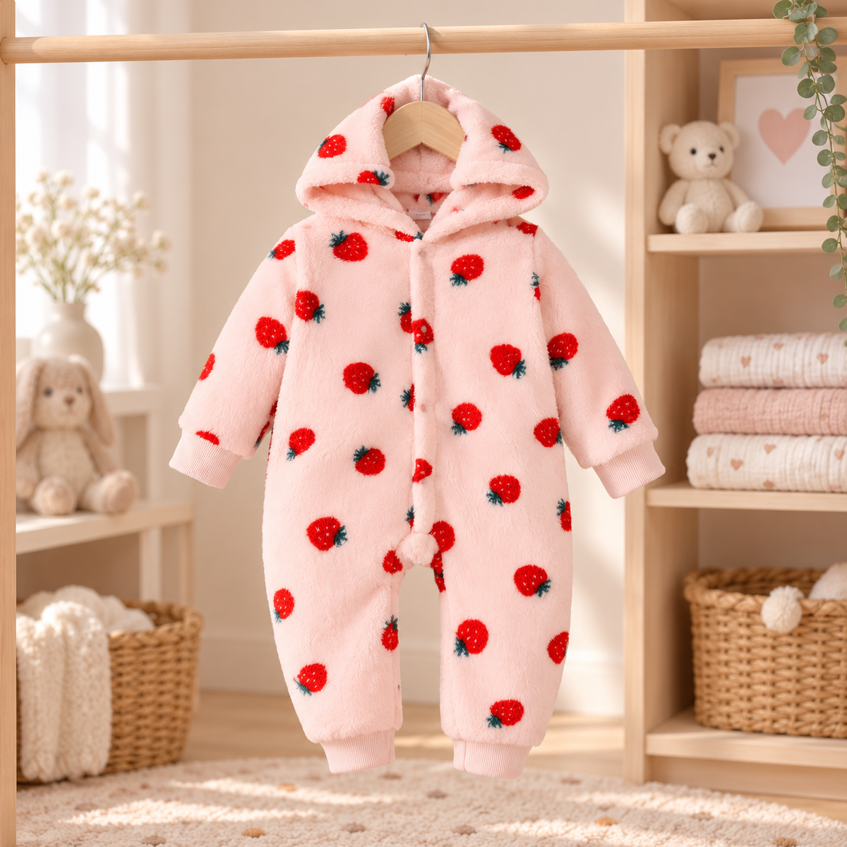 Combinaison bébé à fraises suspendue dans une chambre bébé