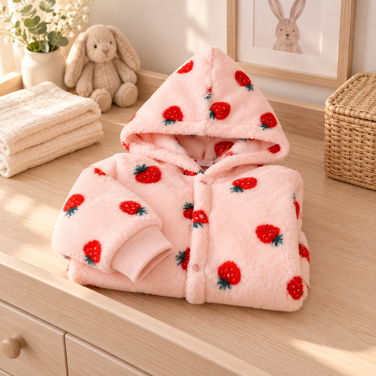 Combinaison bébé rose à fraises pliée sur une table à langer
