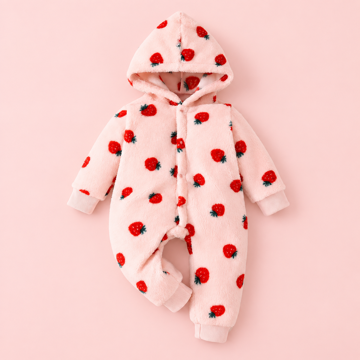 Combinaison bébé rose à fraises avec capuche sur fond rose poudré