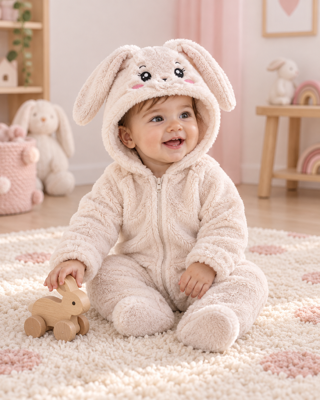 Combinaison Lapin crème portée par un bébé dans sa chambre