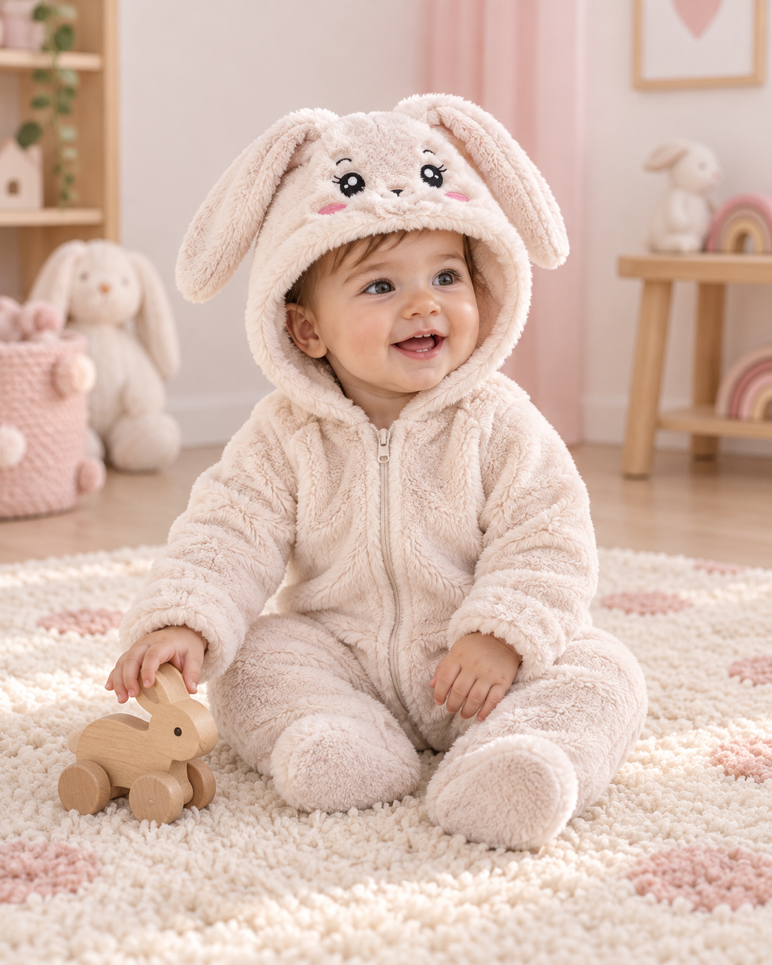 Combinaison Lapin crème portée par un bébé dans sa chambre