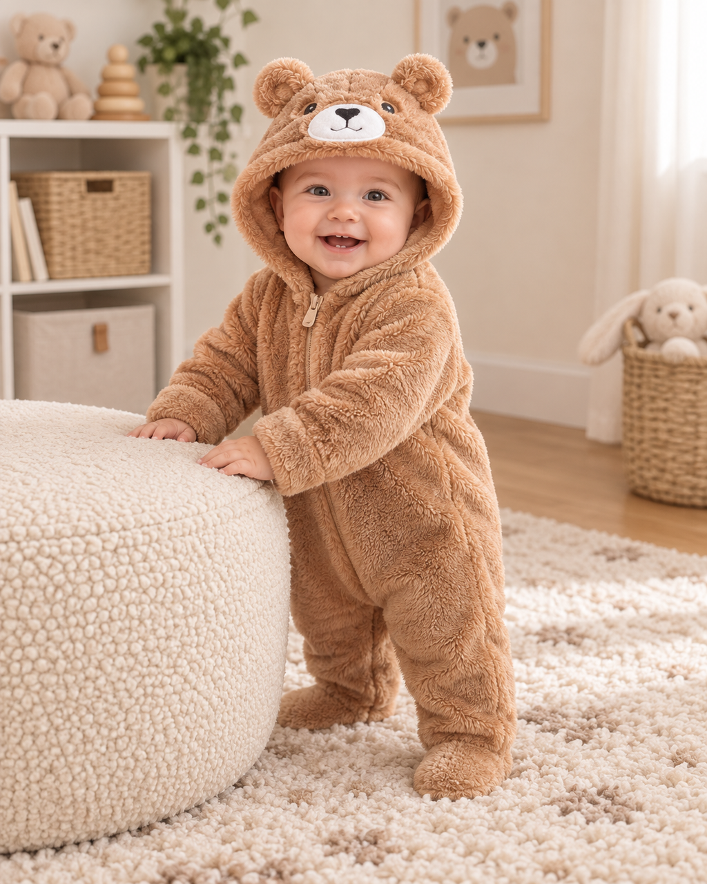 Combinaison Ourson caramel portée debout par un bébé